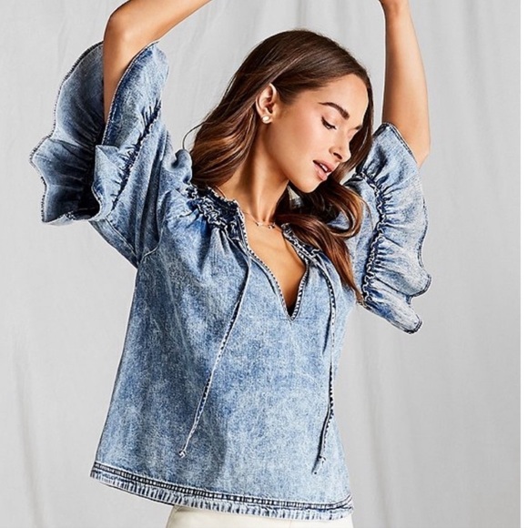 Free People Ainsley Ruffled Sleeve Denim Top - Picture 1 of 12